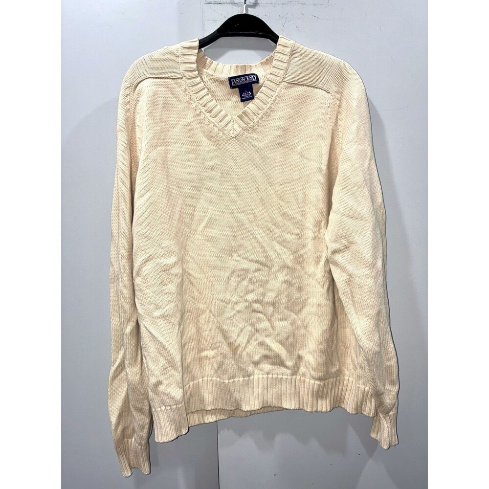 Lands End V Neck Sweater Neutral Cream Cotton Chunky Knit Mens L Preppy Heritage